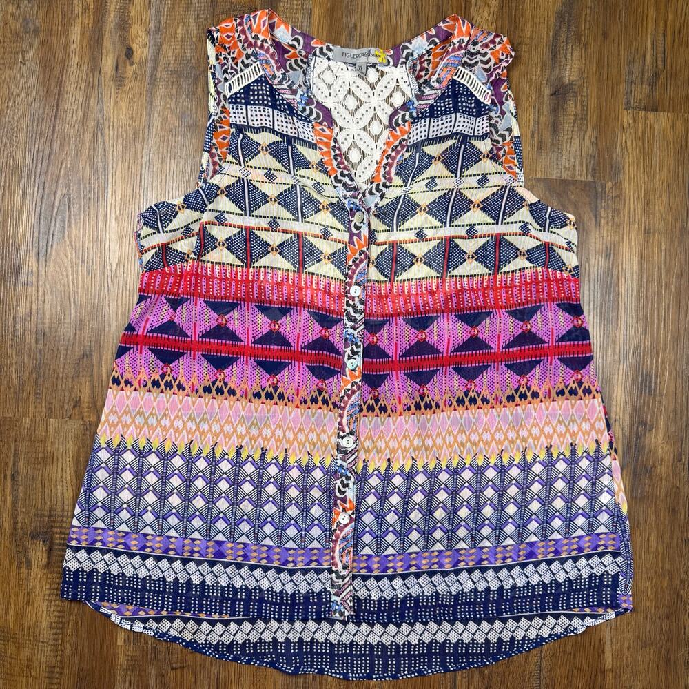 FIGUEROA & Flower XL sheet button down sleeveless blouse lace boho geometric
